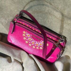 Bright Pink Women's Wristlet Bag with Hand Painted Floral Accent